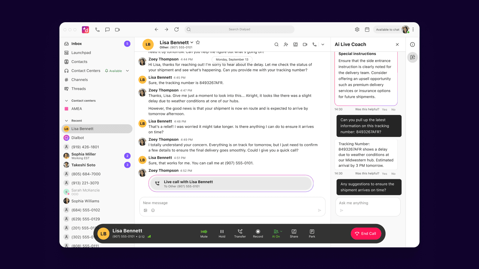 Screenshot of Dialpads Ai Agent Assist feature automatically searching for information to help an agent or rep in real time